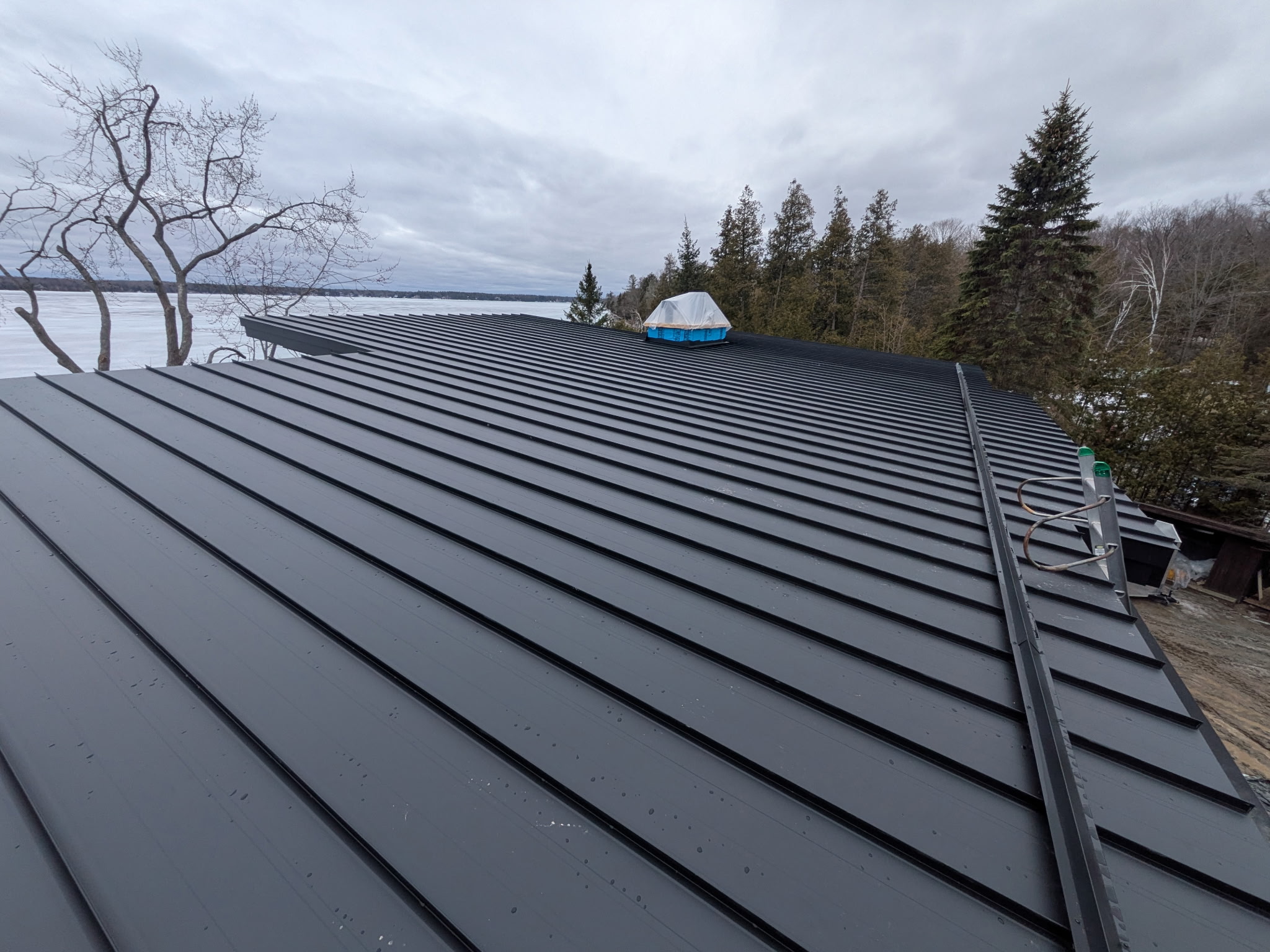 Dark standing seam roof in the foreground with lake and tree line beyond.
