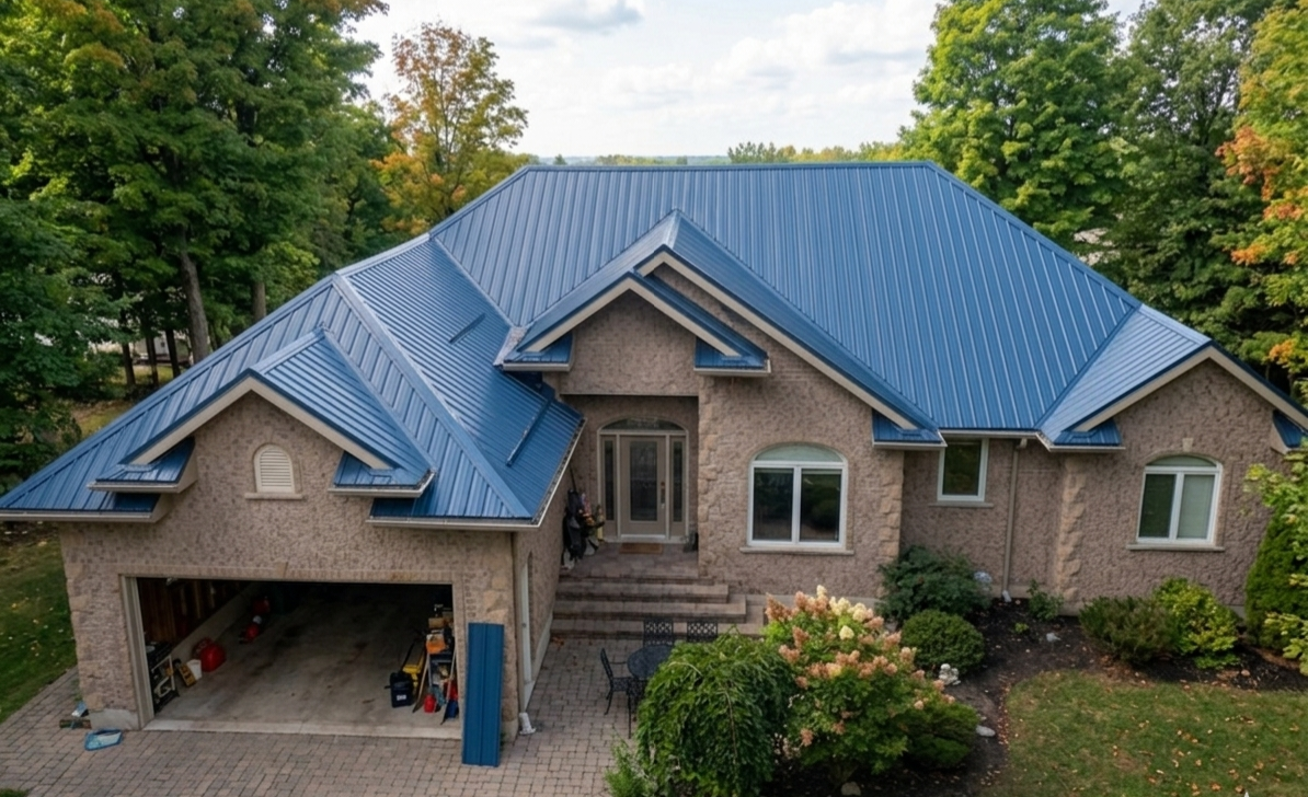 Aerial front view of a brick estate home with a blue steel roof.
