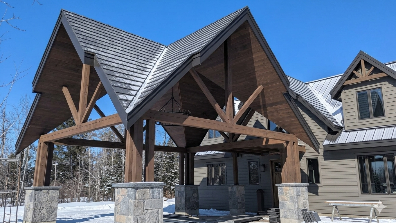 Finished timber-frame entry with a dark metal roof.